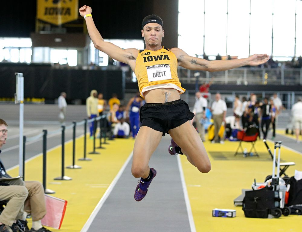 Iowa’s Jamal Britt competes in the men’s long jump event at the Black and Gold Invite at the Recreation Building in Iowa City on Saturday, February 1, 2020. (Stephen Mally/hawkeyesports.com)