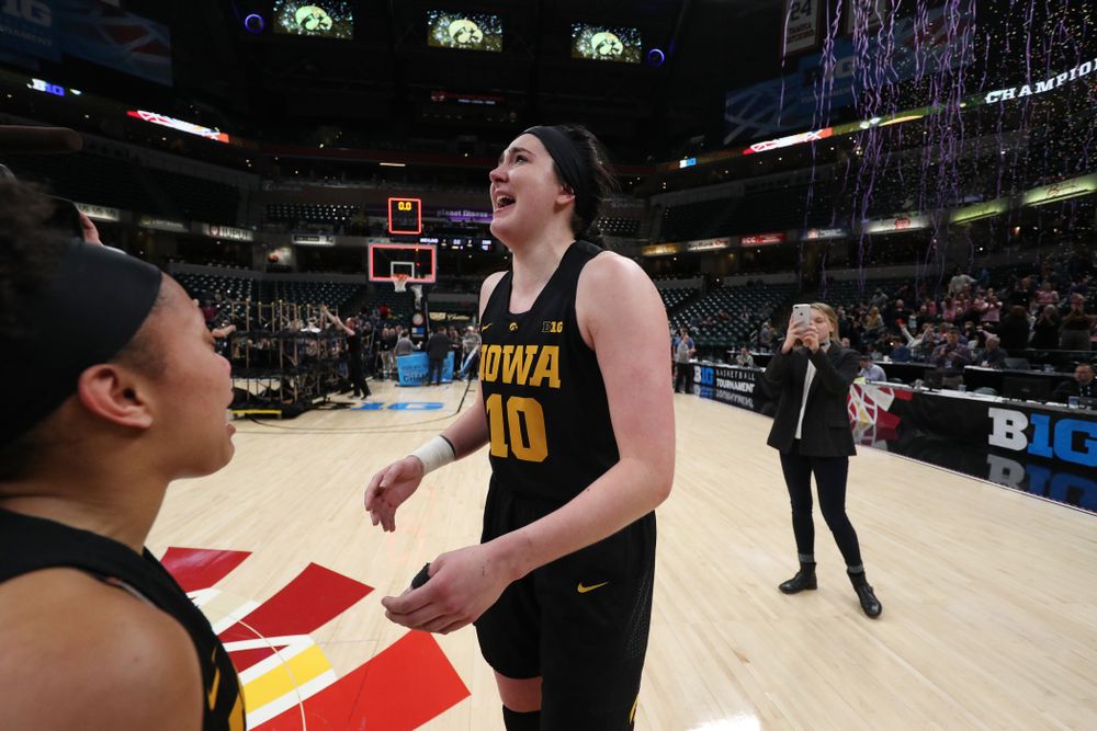 Iowa Hawkeyes forward Megan Gustafson (10) celebrates their win against the Maryland Terrapins Sunday, March 10, 2019 at Bankers Life Fieldhouse in Indianapolis, Ind. (Brian Ray/hawkeyesports.com)
