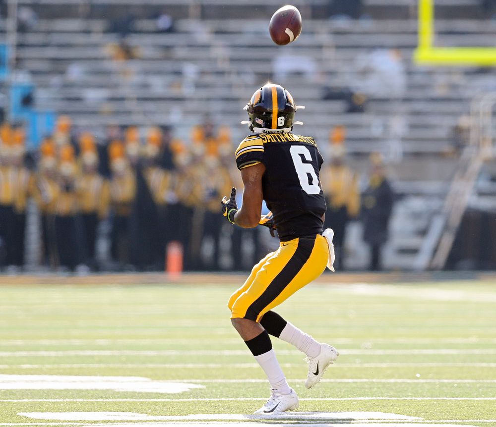 Iowa Hawkeyes wide receiver Ihmir Smith-Marsette (6) pulls in a pass during the second quarter of their game at Kinnick Stadium in Iowa City on Saturday, Nov 23, 2019. (Stephen Mally/hawkeyesports.com)