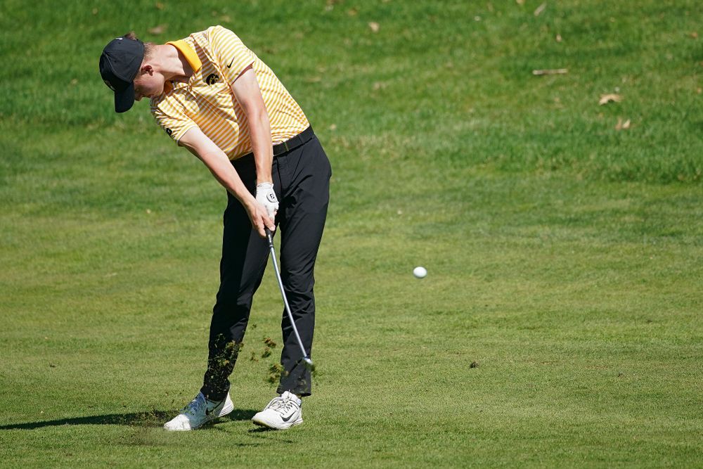 Iowa's Benton Weinberg hits from the fairway during the third round of the Hawkeye Invitational at Finkbine Golf Course in Iowa City on Sunday, Apr. 21, 2019. (Stephen Mally/hawkeyesports.com)