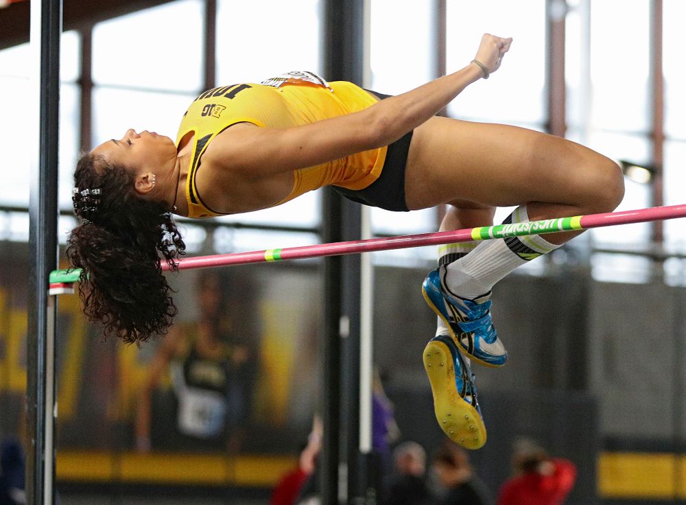 Iowa’s Dallyssa Huggins competes in the women’s high jump event during the Hawkeye Invitational at the Recreation Building in Iowa City on Saturday, January 11, 2020. (Stephen Mally/hawkeyesports.com)