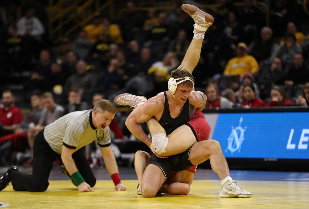 Iowa's Cash Wilcke wrestles Indiana's Norman Conley at 184 pounds Friday, February 15, 2019 at Carver-Hawkeye Arena. (Brian Ray/hawkeyesports.com)