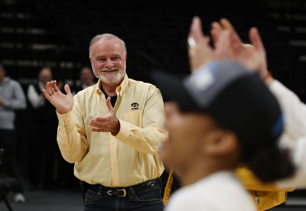 Ted Pacha during a celebration of their Big Ten Women's Basketball Tournament championship Monday, March 18, 2019 at Carver-Hawkeye Arena. (Brian Ray/hawkeyesports.com)