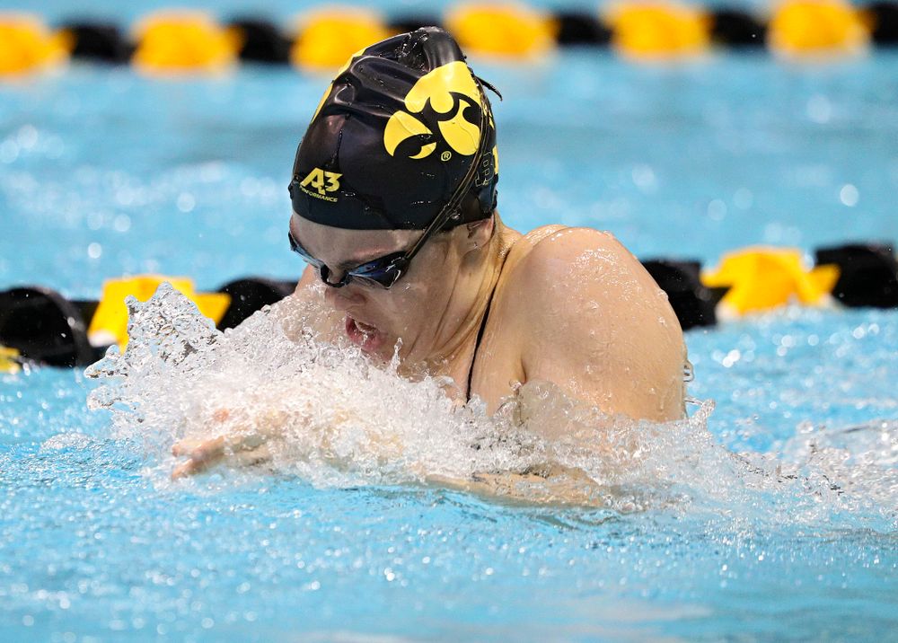 Iowa’s Lexi Horner swims the women’s 100-yard breaststroke event during their meet against Michigan State and Northern Iowa at the Campus Recreation and Wellness Center in Iowa City on Friday, Oct 4, 2019. (Stephen Mally/hawkeyesports.com)
