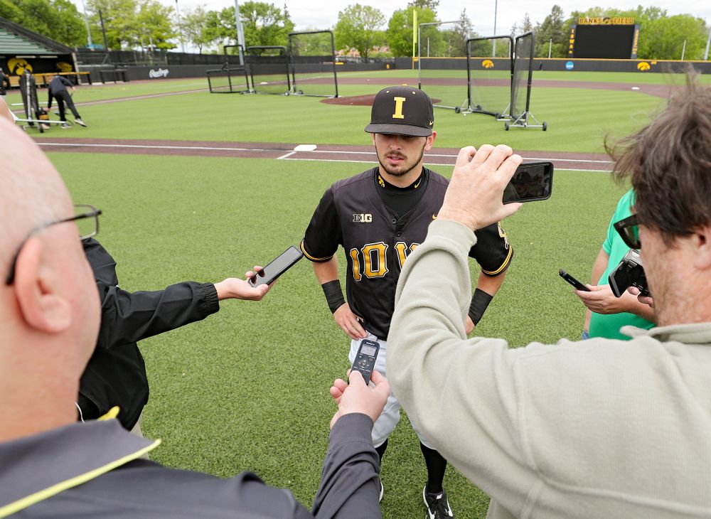 Iowa’s Mitchell Boe answers questions from the media at Duane Banks Field in Iowa City on Monday, May 20, 2019. (Stephen Mally/hawkeyesports.com)