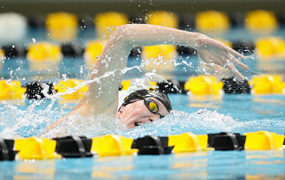 Iowa’s Allyssa Fluit swims the freestyle section in the women’s 400 yard medley relay event during their meet at the Campus Recreation and Wellness Center in Iowa City on Friday, February 7, 2020. (Stephen Mally/hawkeyesports.com)