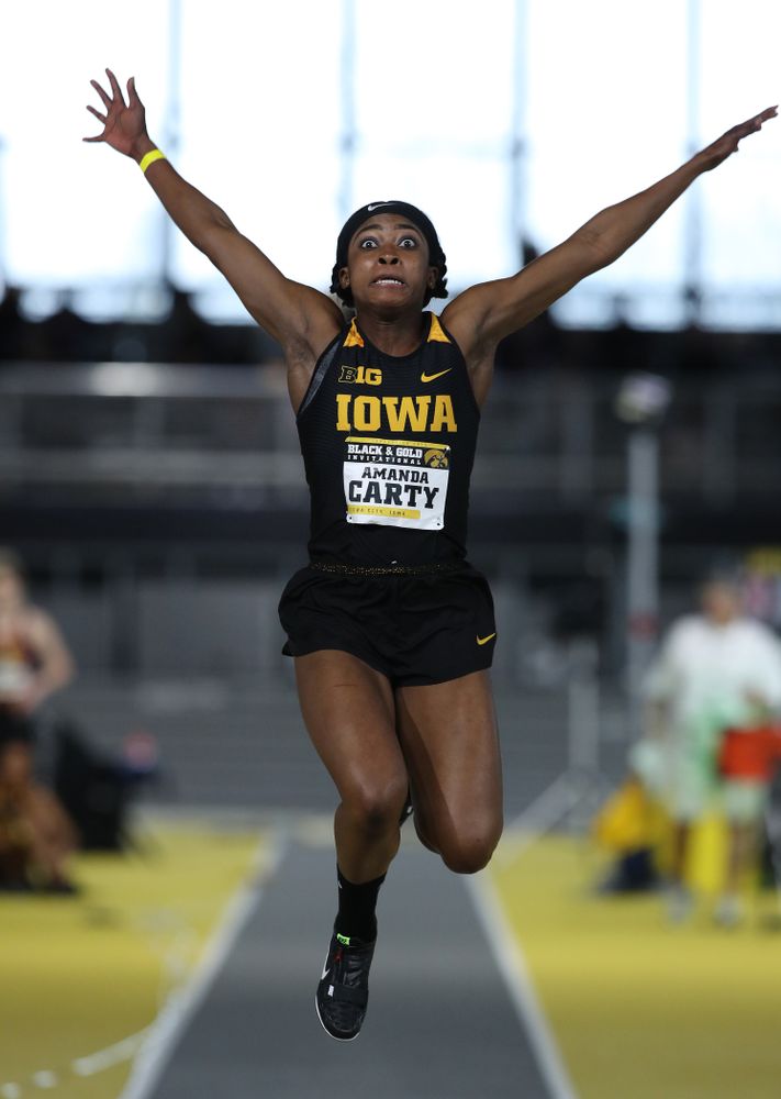 Iowa's Amanda Carty competes in the long jump during the Black and Gold Premier meet Saturday, January 26, 2019 at the Recreation Building. (Brian Ray/hawkeyesports.com)