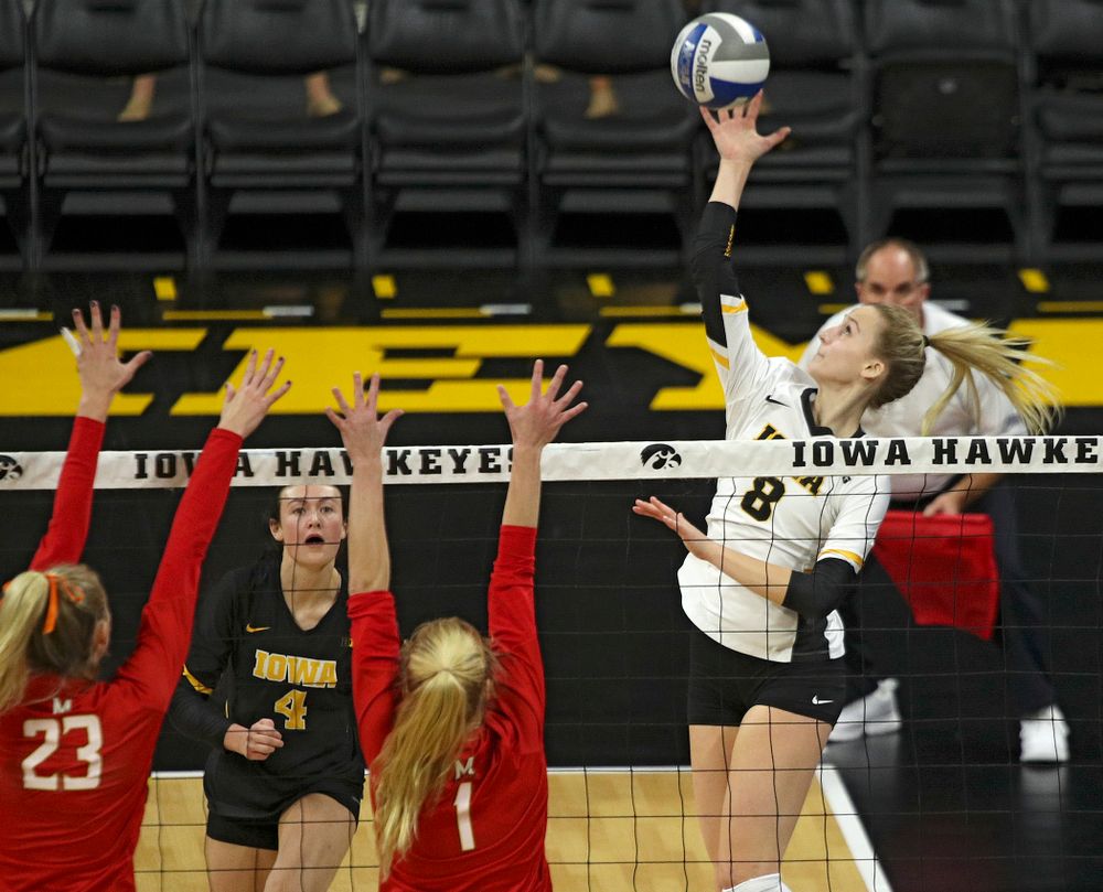 Iowa’s Kyndra Hansen (8) gets up for a shot during the first set of their match at Carver-Hawkeye Arena in Iowa City on Saturday, Nov 30, 2019. (Stephen Mally/hawkeyesports.com)
