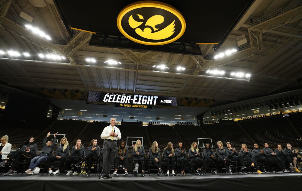 Henry B. and Patricia B. Tippie Director of Athletics Chair announces that the jersey of Iowa Hawkeyes forward Megan Gustafson (10) will be retired at a ceremony next season during the teamÕs Celebr-Eight event Wednesday, April 24, 2019 at Carver-Hawkeye Arena. (Brian Ray/hawkeyesports.com)