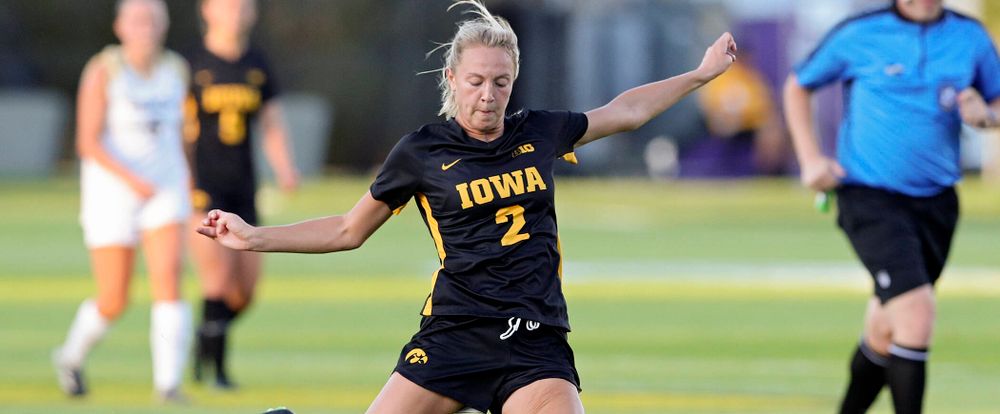 Iowa midfielder Hailey Rydberg (2) lines up a shot during the first half of their match against Western Michigan at the Iowa Soccer Complex in Iowa City on Thursday, Aug 22, 2019. (Stephen Mally/hawkeyesports.com)
