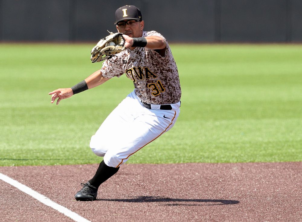 Iowa Hawkeyes third baseman Matthew Sosa (31) fields a hit during the fourth inning of their game against UC Irvine at Duane Banks Field in Iowa City on Sunday, May. 5, 2019. (Stephen Mally/hawkeyesports.com)