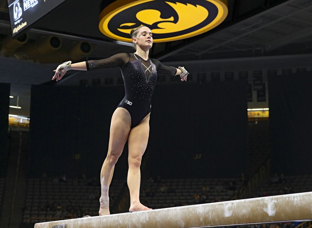 Iowa’s Allie Gilchrist competes on the beam during their meet at Carver-Hawkeye Arena in Iowa City on Sunday, March 8, 2020. (Stephen Mally/hawkeyesports.com)