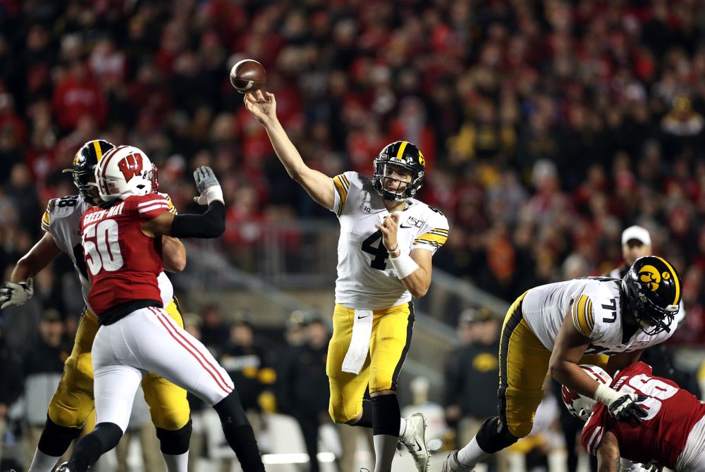 Iowa Hawkeyes quarterback Nate Stanley (4) against the Wisconsin Badgers Saturday, November 9, 2019 at Camp Randall Stadium in Madison, Wisc. (Brian Ray/hawkeyesports.com)