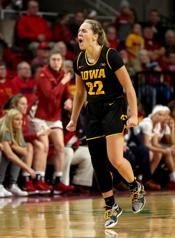 Iowa Hawkeyes guard Kathleen Doyle (22) celebrates at the end of the game against the Iowa State Cyclones Wednesday, December 11, 2019 at Hilton Coliseum in Ames, Iowa(Brian Ray/hawkeyesports.com)