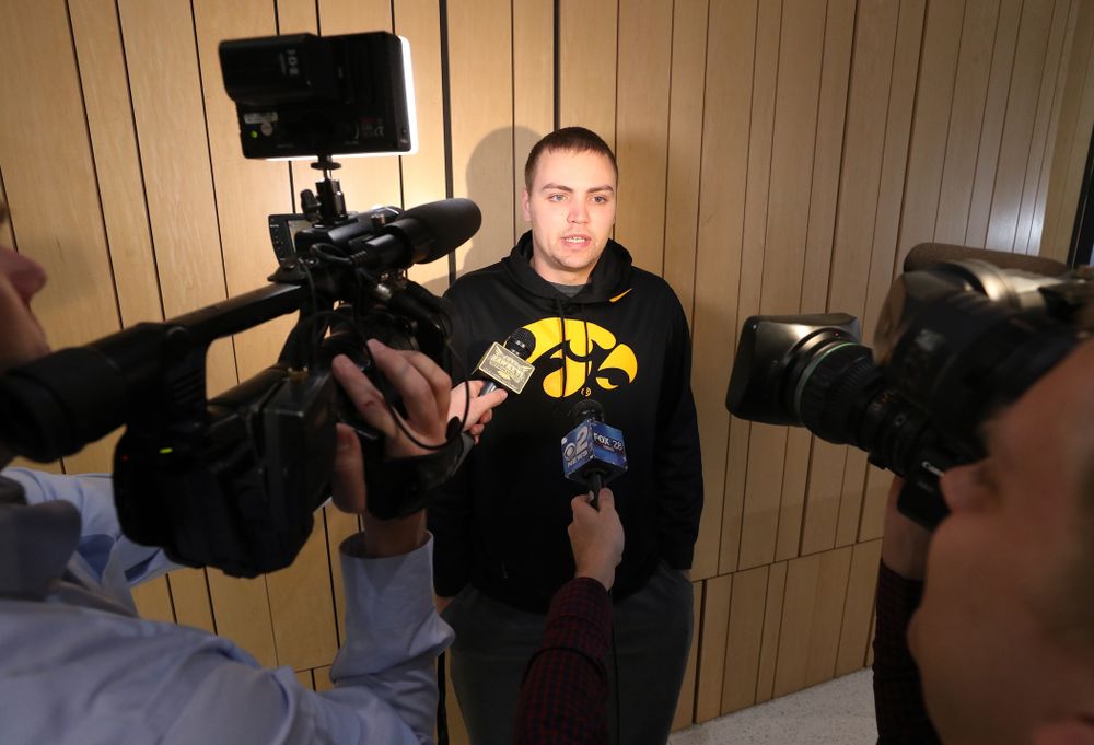 Iowa Hawkeyes quarterback Nate Stanley (4) answers questions from the media on the Hawkeyes selection to face USC in the 2019 Holiday Bowl Sunday, December 8, 2019 at the Hansen Football Performance Center. (Brian Ray/hawkeyesports.com)