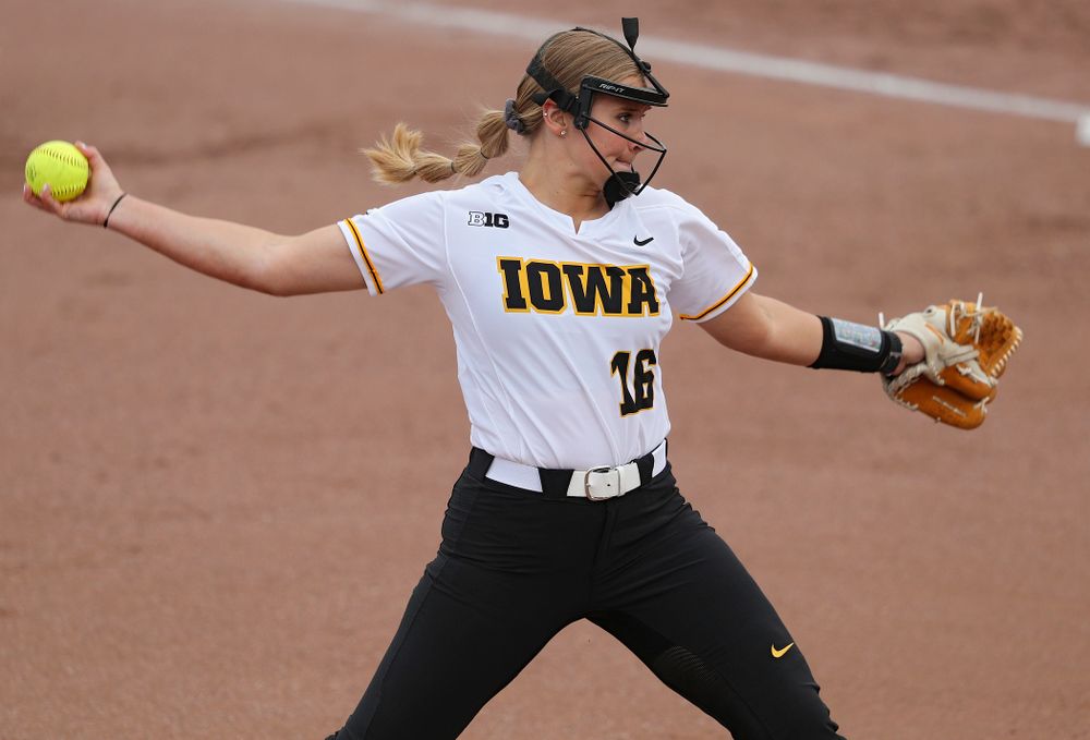 Iowa pitcher Sarah Lehman (16) delivers to the plate during the first inning of their game against Ohio State at Pearl Field in Iowa City on Friday, May. 3, 2019. (Stephen Mally/hawkeyesports.com)