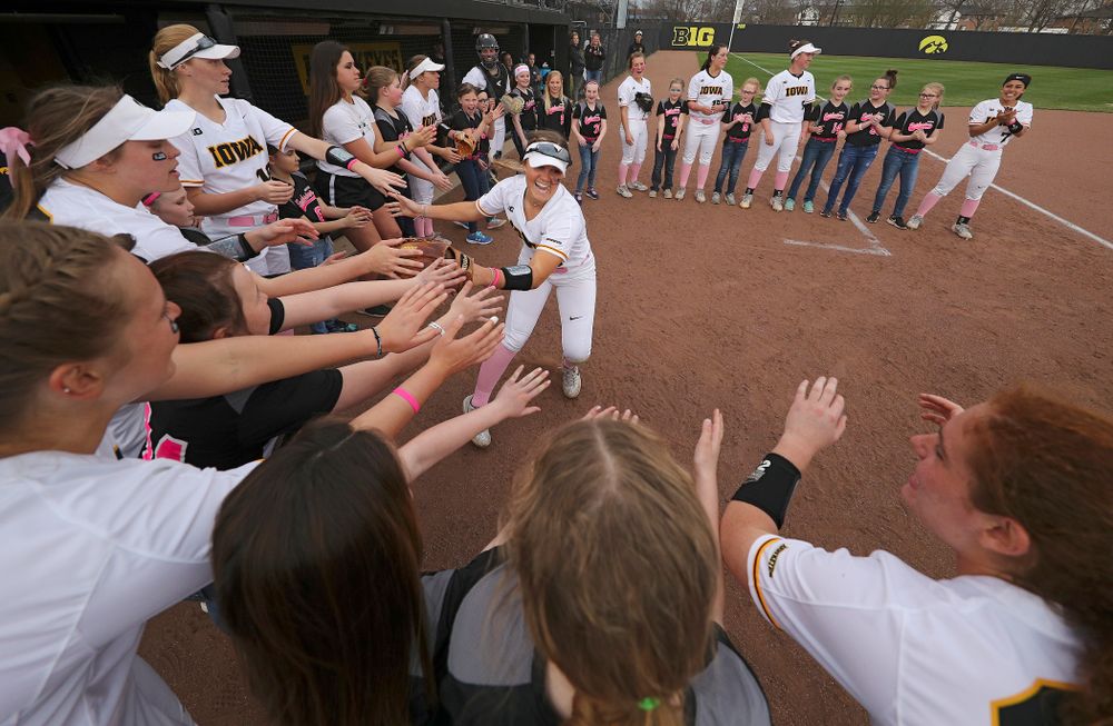 Iowa left fielder Cameron Cecil (1) takes the field before their game against Iowa State at Pearl Field in Iowa City on Tuesday, Apr. 9, 2019. (Stephen Mally/hawkeyesports.com)