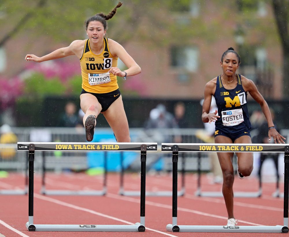 Iowa's Jenny Kimbro runs the women’s 400 meter hurdles event on the third day of the Big Ten Outdoor Track and Field Championships at Francis X. Cretzmeyer Track in Iowa City on Sunday, May. 12, 2019. (Stephen Mally/hawkeyesports.com)