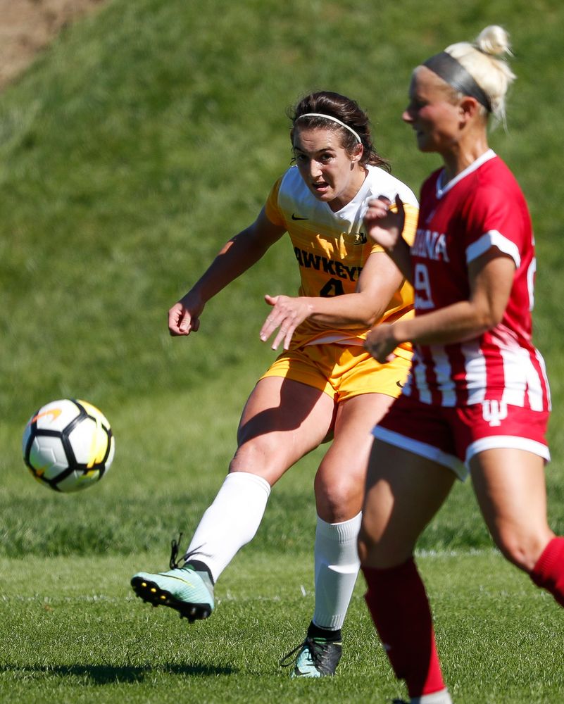Iowa Hawkeyes forward Kaleigh Haus (4) passes the ball during a game against Indiana at the Iowa Soccer Complex on September 23, 2018. (Tork Mason/hawkeyesports.com)