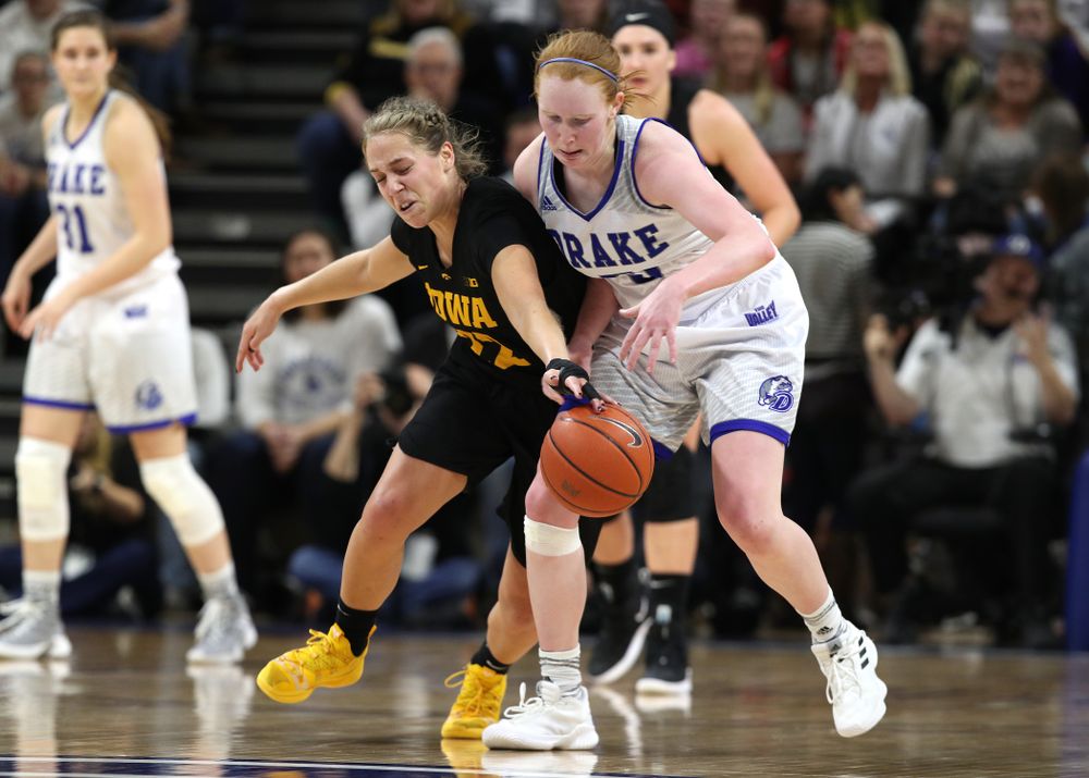Iowa Hawkeyes guard Kathleen Doyle (22) against the Drake Bulldogs Friday, December 21, 2018 at the Knapp Center in Des Moines. (Brian Ray/hawkeyesports.com)
