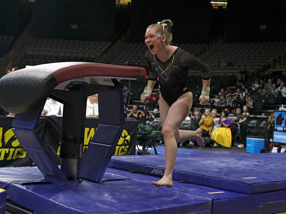 Iowa’s Allyson Steffensmeier competes on the vault during their meet at Carver-Hawkeye Arena in Iowa City on Sunday, March 8, 2020. (Stephen Mally/hawkeyesports.com)