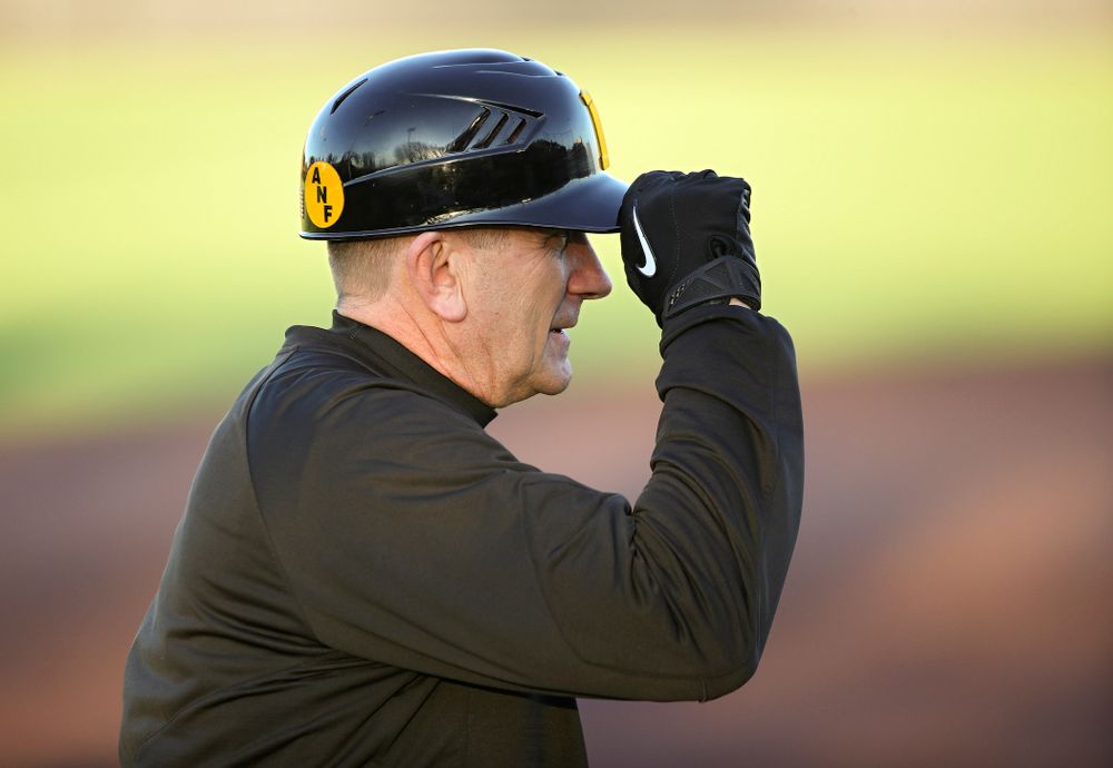 Iowa Hawkeyes head coach Rick Heller looks on during the fourth inning of their game at Duane Banks Field in Iowa City on Tuesday, March 3, 2020. (Stephen Mally/hawkeyesports.com)