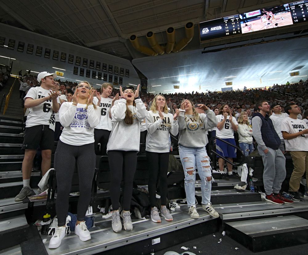 Students in the Hawks Nest cheer during the second half of the game at Carver-Hawkeye Arena in Iowa City on Sunday, February 2, 2020. (Stephen Mally/hawkeyesports.com)