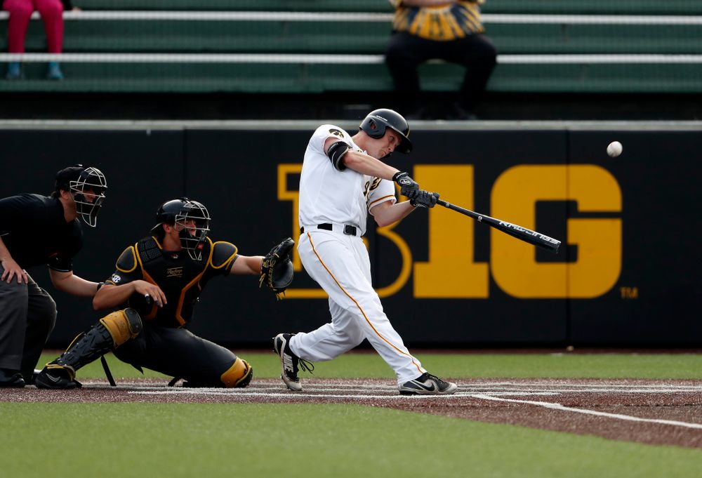 Iowa Hawkeyes outfielder Robert Neustrom (44) hits a home run against the Missouri Tigers Tuesday, May 1, 2018 at Duane Banks Field. (Brian Ray/hawkeyesports.com)