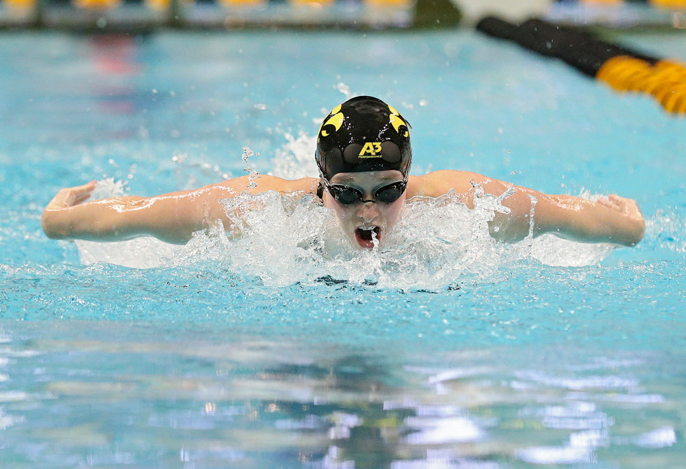 Iowa’s Kelsey Drake swims the women’s 200 yard butterfly consolation final event during the 2020 Women’s Big Ten Swimming and Diving Championships at the Campus Recreation and Wellness Center in Iowa City on Saturday, February 22, 2020. (Stephen Mally/hawkeyesports.com)