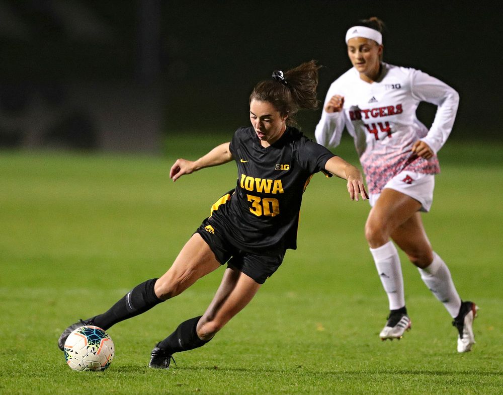 Iowa forward Devin Burns (30) moves with the ball during the first half of their match at the Iowa Soccer Complex in Iowa City on Friday, Oct 11, 2019. (Stephen Mally/hawkeyesports.com)