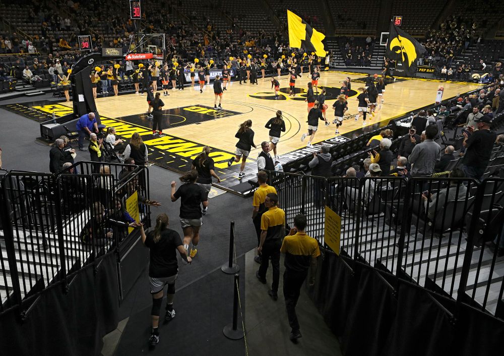 The Hawkeyes take the court before their overtime win against Princeton at Carver-Hawkeye Arena in Iowa City on Wednesday, Nov 20, 2019. (Stephen Mally/hawkeyesports.com)