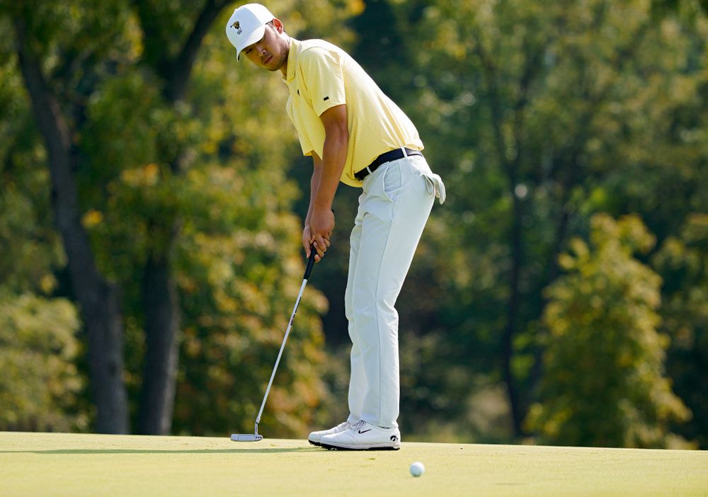 Iowa’s Joe Kim putts during the third day of the Golfweek Conference Challenge at the Cedar Rapids Country Club in Cedar Rapids on Tuesday, Sep 17, 2019. (Stephen Mally/hawkeyesports.com)