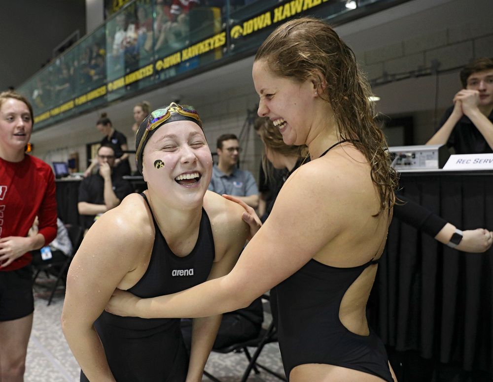 Iowa’s Aleksandra Olesiak celebrates after setting a career-best time in the women’s 200 yard breaststroke C final event during the 2020 Women’s Big Ten Swimming and Diving Championships at the Campus Recreation and Wellness Center in Iowa City on Saturday, February 22, 2020. (Stephen Mally/hawkeyesports.com)