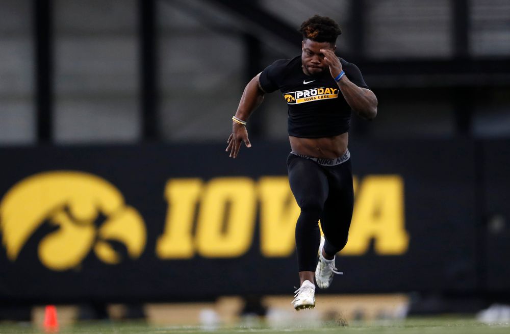 Iowa Hawkeyes running back James Butler (20) during the team's annual pro day Monday, March 26, 2018 at the Hansen Football Performance Center. (Brian Ray/hawkeyesports.com)