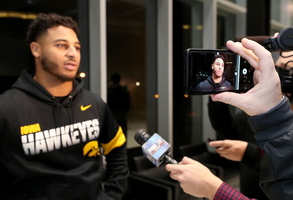 Iowa Hawkeyes defensive back Geno Stone (9) answers questions from the media on the Hawkeyes selection to face USC in the 2019 Holiday Bowl Sunday, December 8, 2019 at the Hansen Football Performance Center. (Brian Ray/hawkeyesports.com)