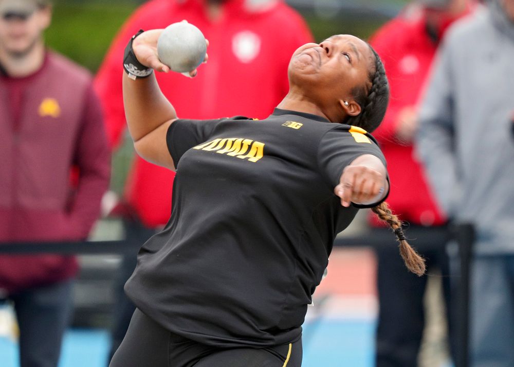 Iowa's Nia Britt throws during the women’s shot put event on the second day of the Big Ten Outdoor Track and Field Championships at Francis X. Cretzmeyer Track in Iowa City on Saturday, May. 11, 2019. (Stephen Mally/hawkeyesports.com)