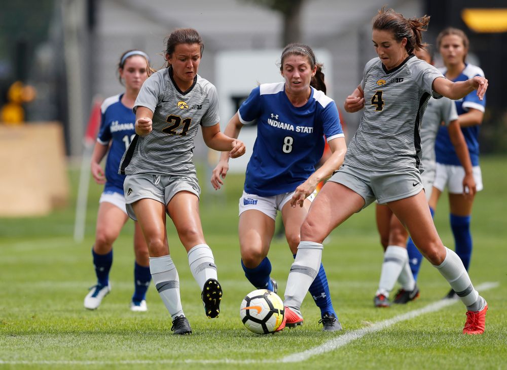 Iowa Hawkeyes Kaleigh Haus (4) and  Emma Tokuyama (21) against Indiana State Sunday, August 26, 2018 at the Iowa Soccer Complex. (Brian Ray/hawkeyesports.com)