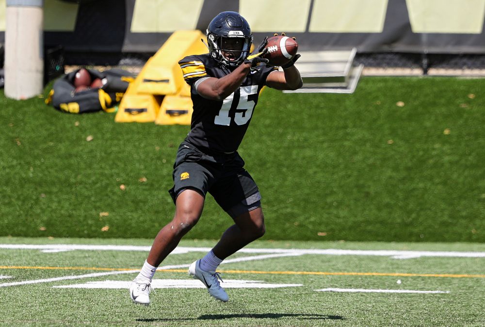 Iowa Hawkeyes running back Tyler Goodson (15) pulls in a pass during Fall Camp Practice No. 7 at the Hansen Football Performance Center in Iowa City on Friday, Aug 9, 2019. (Stephen Mally/hawkeyesports.com)