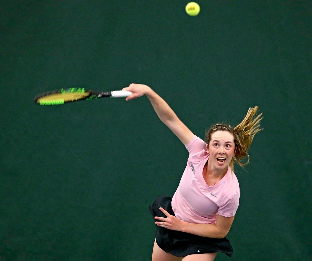 Iowa's Samantha Mannix serves during a match against Purdue at the Hawkeye Tennis and Recreation Complex in Iowa City on Friday, Mar. 29, 2019. (Stephen Mally/hawkeyesports.com)