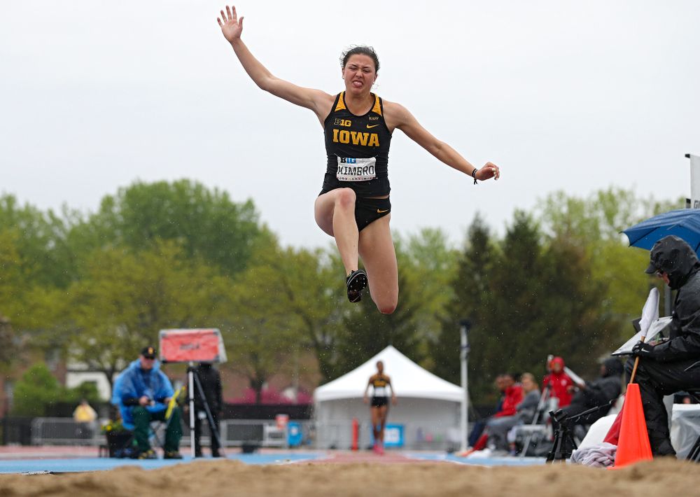 Iowa's Jenny Kimbro jumps in the women’s long jump in the heptathlon event on the second day of the Big Ten Outdoor Track and Field Championships at Francis X. Cretzmeyer Track in Iowa City on Saturday, May. 11, 2019. (Stephen Mally/hawkeyesports.com)