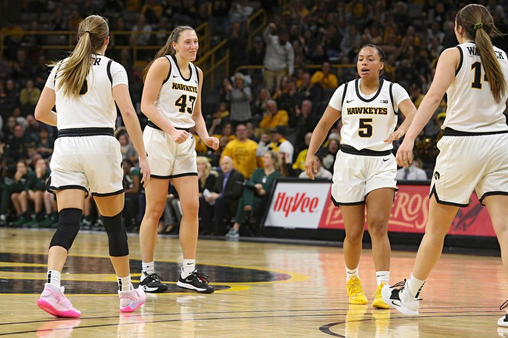 Iowa Hawkeyes forward Amanda Ollinger (43) dances after making a basket while being fouled during the fourth quarter of their game at Carver-Hawkeye Arena in Iowa City on Sunday, January 26, 2020. (Stephen Mally/hawkeyesports.com)