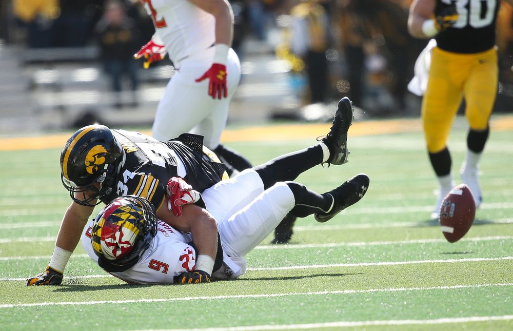 Iowa Hawkeyes linebacker Kristian Welch (34) makes a tackle during a game against Maryland at Kinnick Stadium on October 20, 2018. (Tork Mason/hawkeyesports.com)