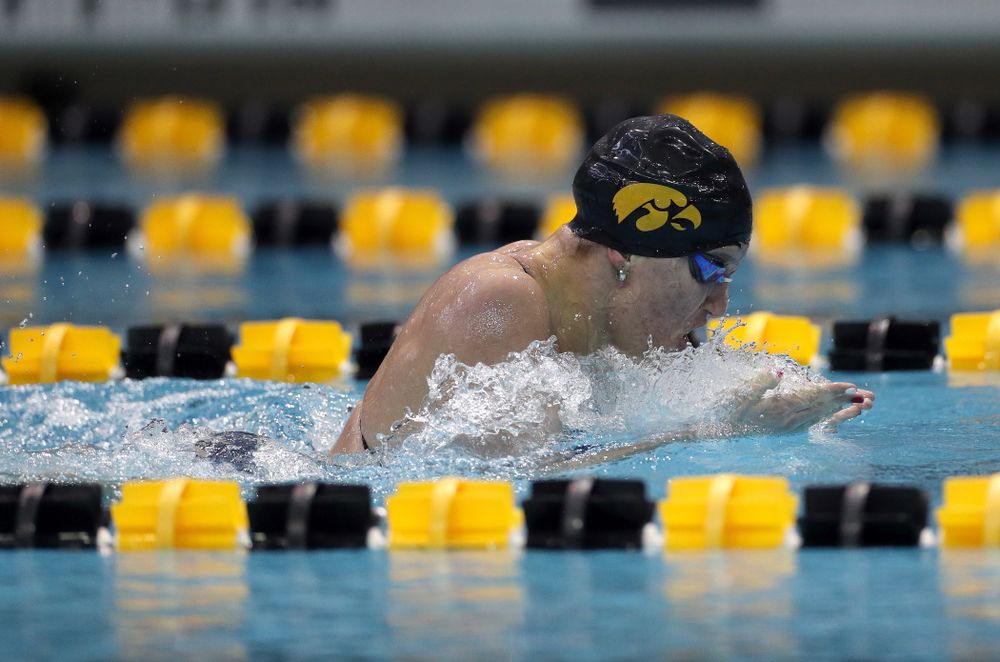 IowaÕs Sage Ohlensehlen swims the 200 yard breaststroke against the Michigan Wolverines Friday, November 1, 2019 at the Campus Recreation and Wellness Center. (Brian Ray/hawkeyesports.com)