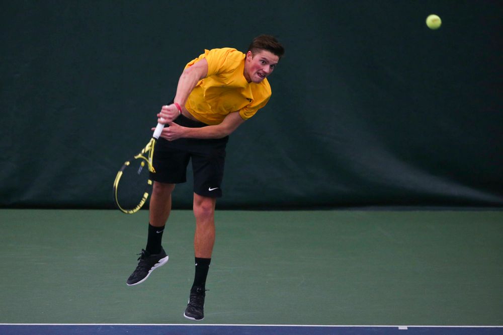 Iowa's Piotr Smietana at a tennis match vs Drake  Friday, March 8, 2019 at the Hawkeye Tennis and Recreation Complex. (Lily Smith/hawkeyesports.com)
