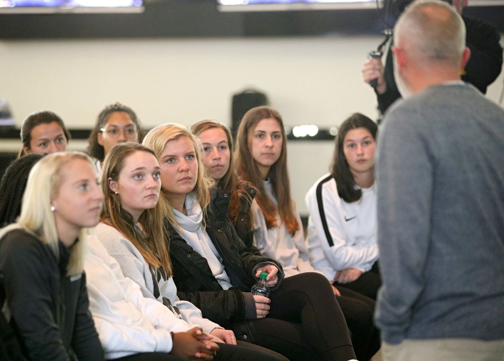Iowa head coach Dave DiIanni talks with his team after watching the NCAA women’s soccer section show at Carver-Hawkeye Arena in Iowa City on Monday, Nov 11, 2019. (Stephen Mally/hawkeyesports.com)