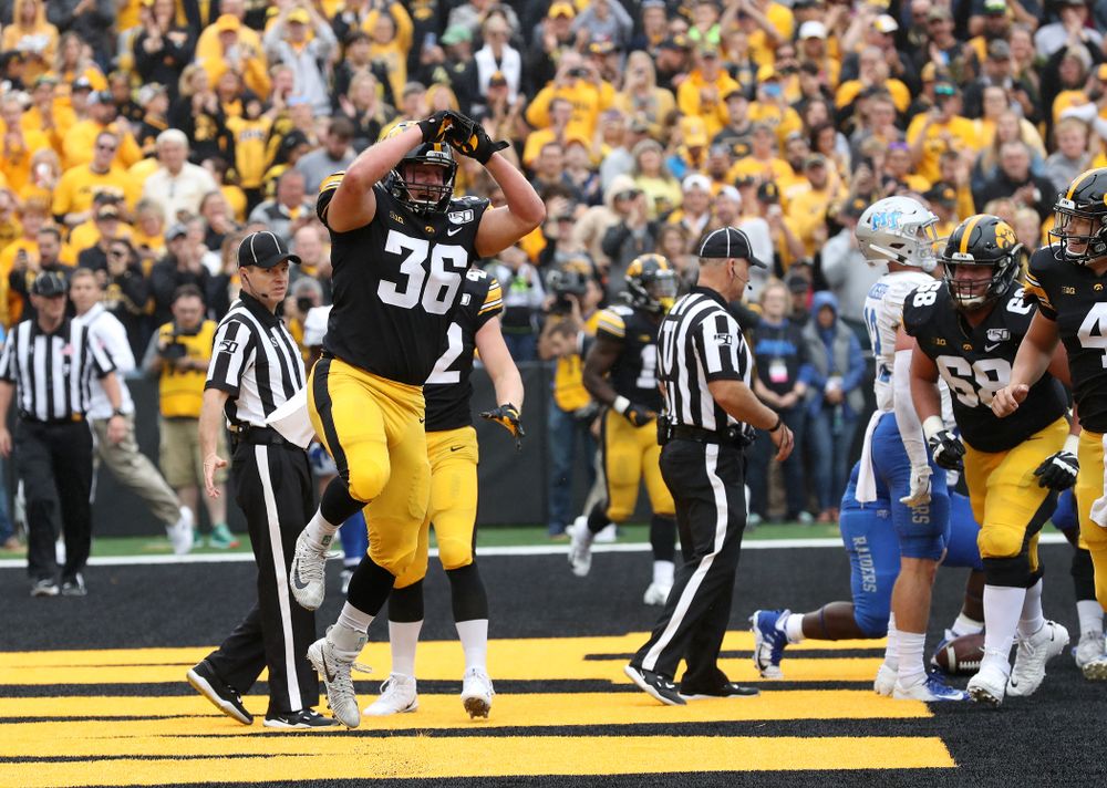 Iowa Hawkeyes fullback Brady Ross (36) celebrates after scoring a touchdown against Middle Tennessee State Saturday, September 28, 2019 at Kinnick Stadium. (Brian Ray/hawkeyesports.com)