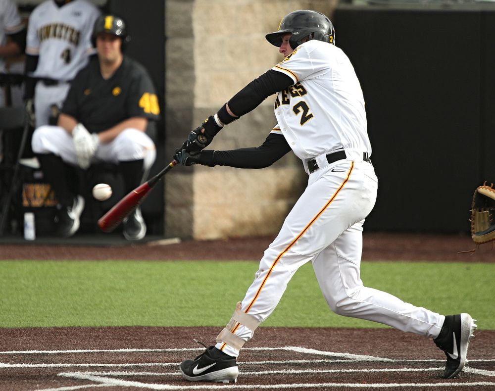 Iowa infielder Brendan Sher (2) bats during the sixth inning of their college baseball game at Duane Banks Field in Iowa City on Wednesday, March 11, 2020. (Stephen Mally/hawkeyesports.com)