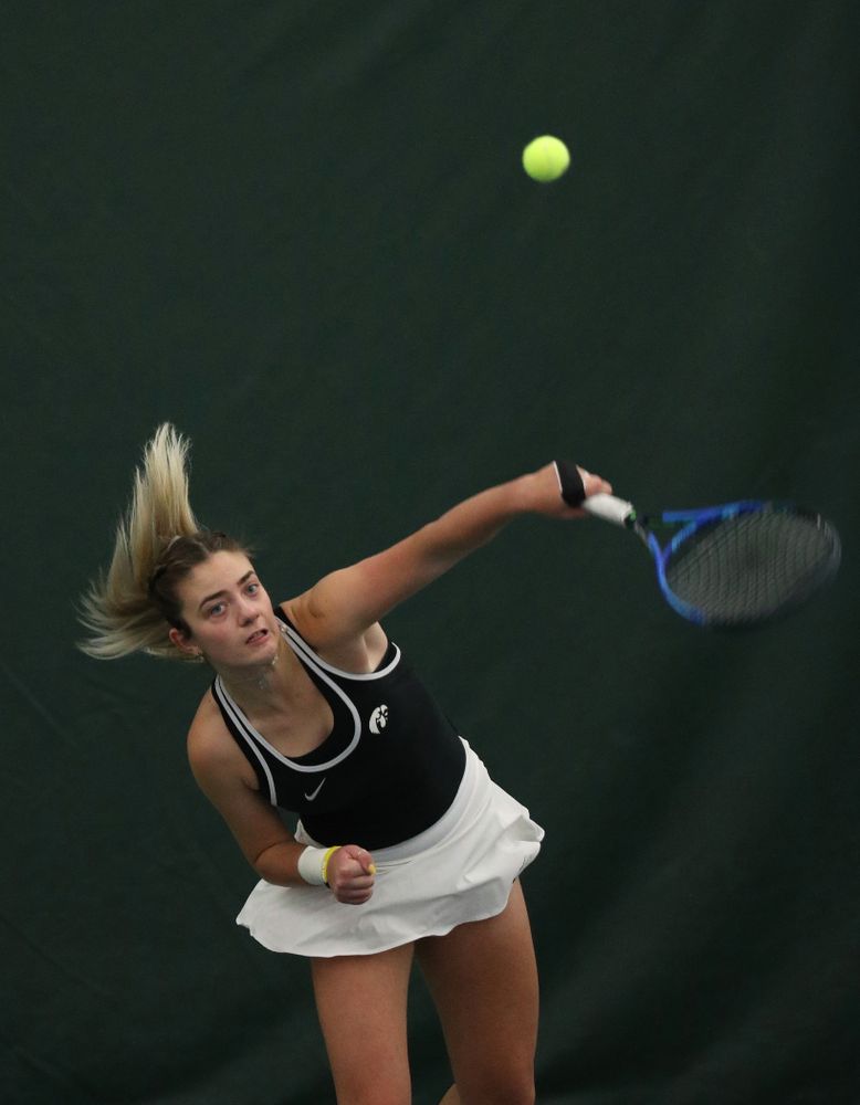 Iowa's Sophie Clark during a doubles match against North Texas Sunday, January 20, 2019 at the Hawkeye Tennis and Recreation Center. (Brian Ray/hawkeyesports.com)