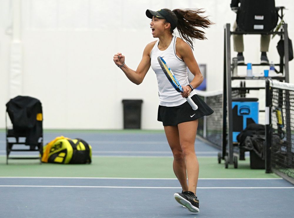 Iowa’s Michelle Bacalla celebrates a point during her doubles match at the Hawkeye Tennis and Recreation Complex in Iowa City on Sunday, February 16, 2020. (Stephen Mally/hawkeyesports.com)