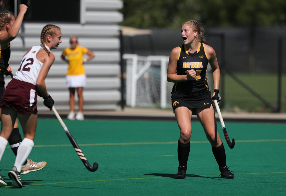Iowa Hawkeyes Lokke Stribos (14) scores against Central Michigan Friday, September 6, 2019 at Grant Field. The Hawkeyes won the game 11-0. (Brian Ray/hawkeyesports.com)